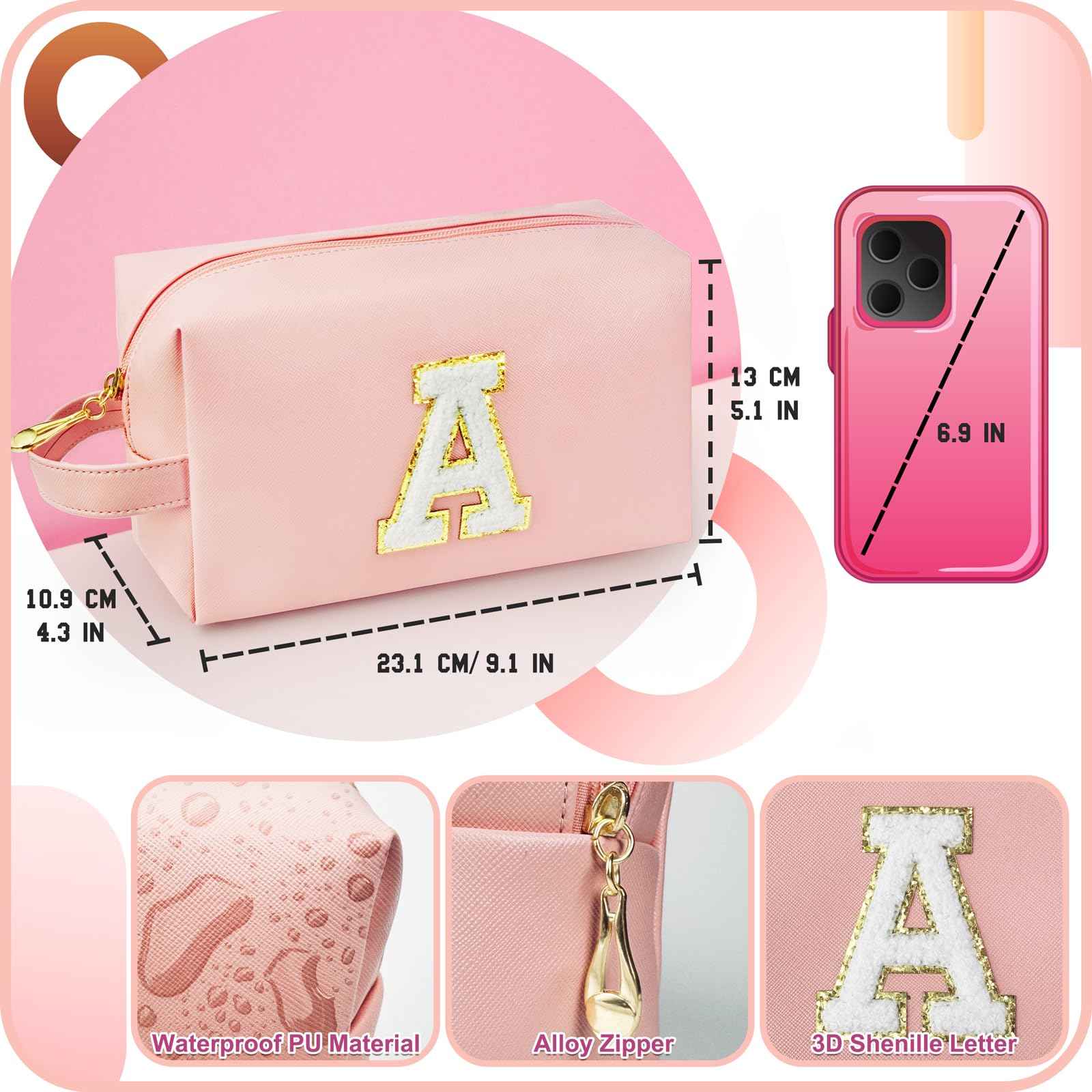 WEMVP Personalized Initial Makeup Bag with Handle, Preppy Cosmetic Bag with Inner Zipper Pocket, 8 9 10 11 12 13 14 Years Old Girl, Graduation Gifts for Teen Girls Women Teachers (A, Pink)