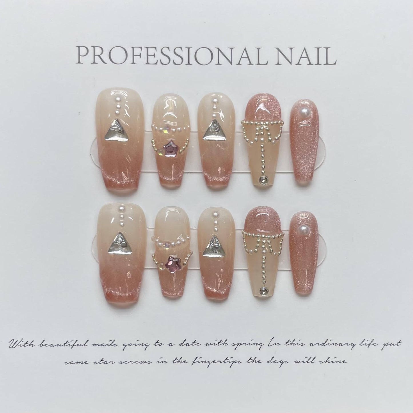 NLSJMP, 10 Nails, Size L, Handmade Long Press on Nails Ombre Balerina Acrylic Fake Nails Kit,Glitter Pearl 3D Design Nail Art Kit,Reusable False nails, Include Toolkit, Elegent