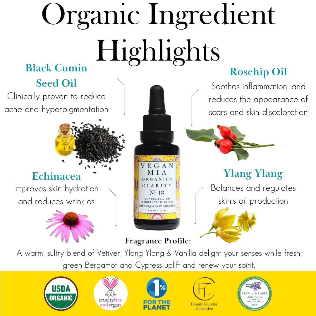 Vegan Mia - USDA Organic Clarity Balancing Elixir Face Oil - Face Moisturizer For Dry Skin, Acne Scars, Dark Spot & Hyperpigmentation with Black Seed, Rosehip, Jojoba Oil & More - 0.5 oz