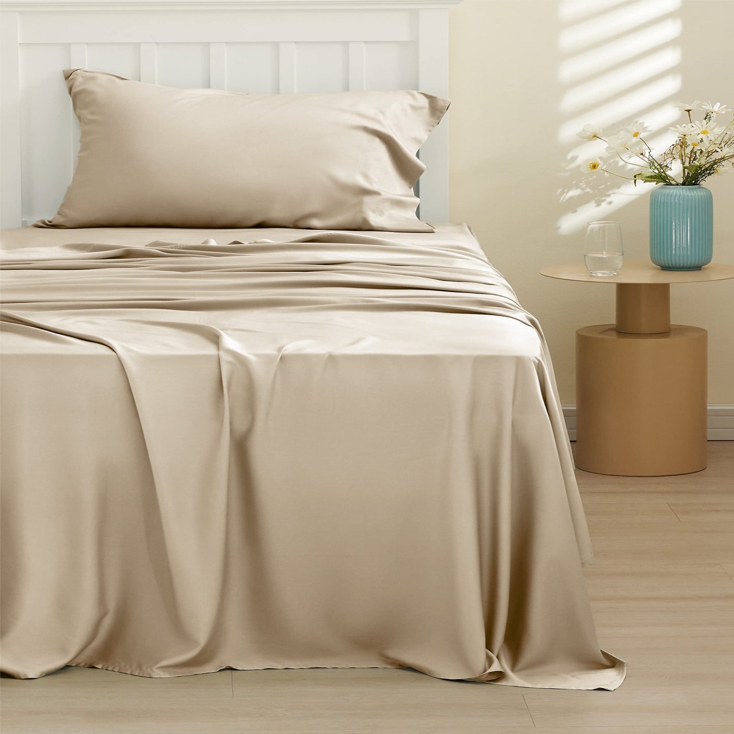 Bedsure Twin Sheets Set, Cooling Sheets Twin Size Bed Set, Rayon Derived from Bamboo, Twin Size Sheets, Breathable & Soft Bed Sheets, Hotel Luxury Silky Bedding Sheets & Pillowcases, Beige