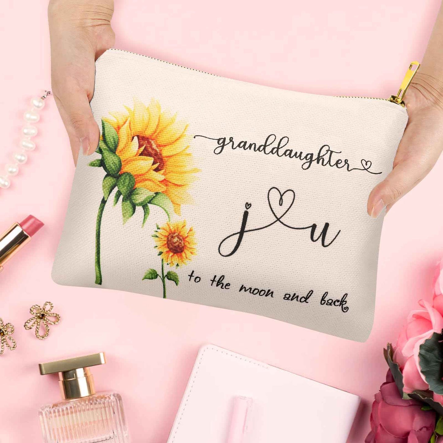 Granddaughter Gifts from Grandma Grandpa, Blessing Gift for Granddaughter, Linen Makeup Toiletry Bags for Women, Granddaughter Birthday Christmas Goodbye Graduation Gifts