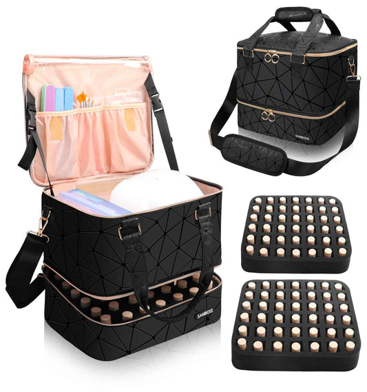 Sambois Nail Polish Organizer Bag Holds 84 Bottles (15ml/0.5 fl.oz)& Nail Lamp, PU Leather Nail Supplies Organizer with Holder& Shoulder Strap, Portable Travel Nail Kit Storage Carrying Case (Black)