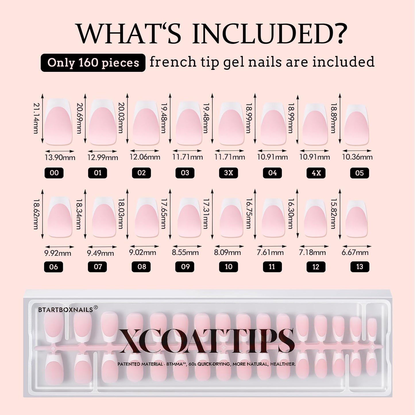 BTArtboxnails French Gel Nail Tips - French Tip Press on Nails Pink Short Coffin XCOATTIPS Pre-applied Tip Primer & Base Coat, No Need to File Fake Nails for Nail Art DIY