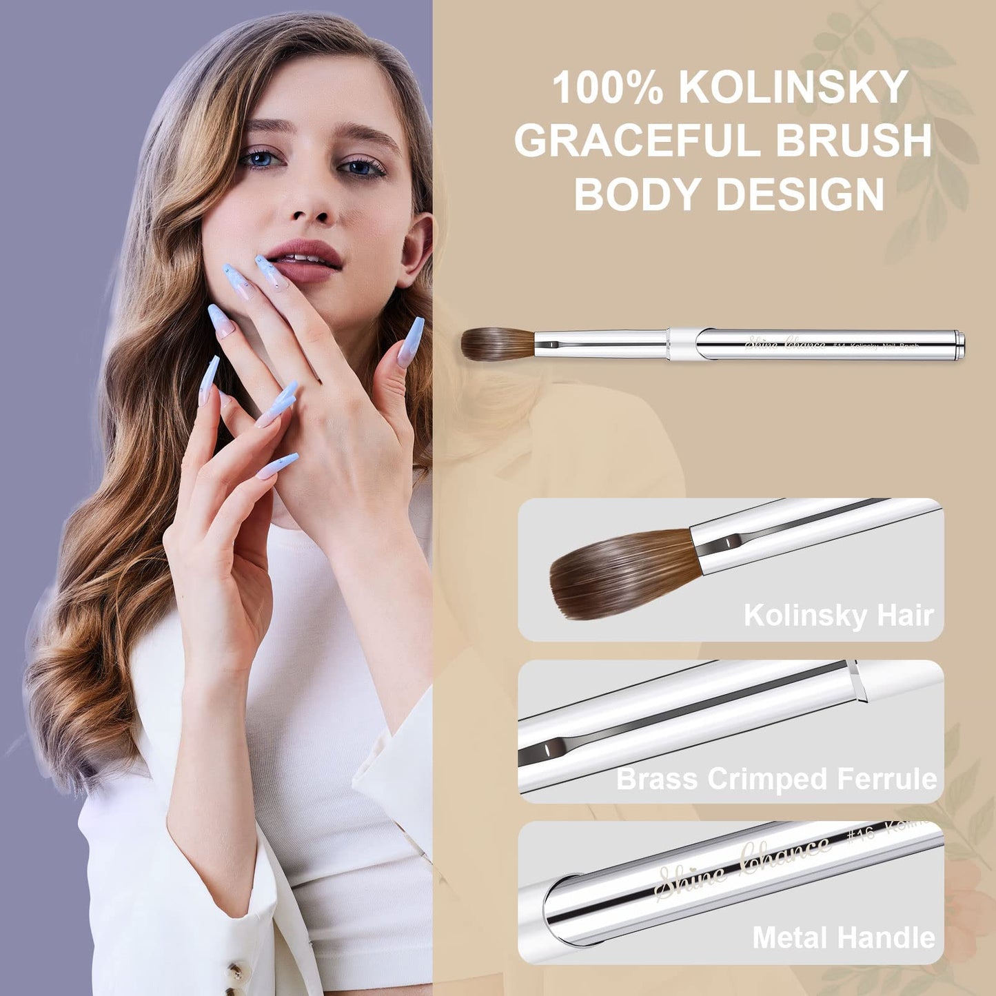 Shine Chance Acrylic Nail Art Brush Size 14, 100% Pure Kolinsky Hair Oval Nail Brush for Acrylic Application, Professional Nail Extension Manicure Tool Striping Nail Drawing Pen for DIY Home Salon