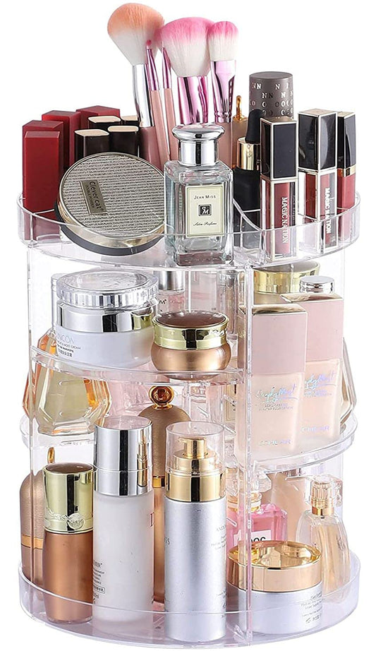Cq acrylic 360 Rotating Makeup Organizer 4 Tiered Clear Round Spinning Skincare Organizer for Vanity,Lazy Susan Carousel Bathroom Beauty Standing Organizer Tower Skin Care Holder Dressing Table