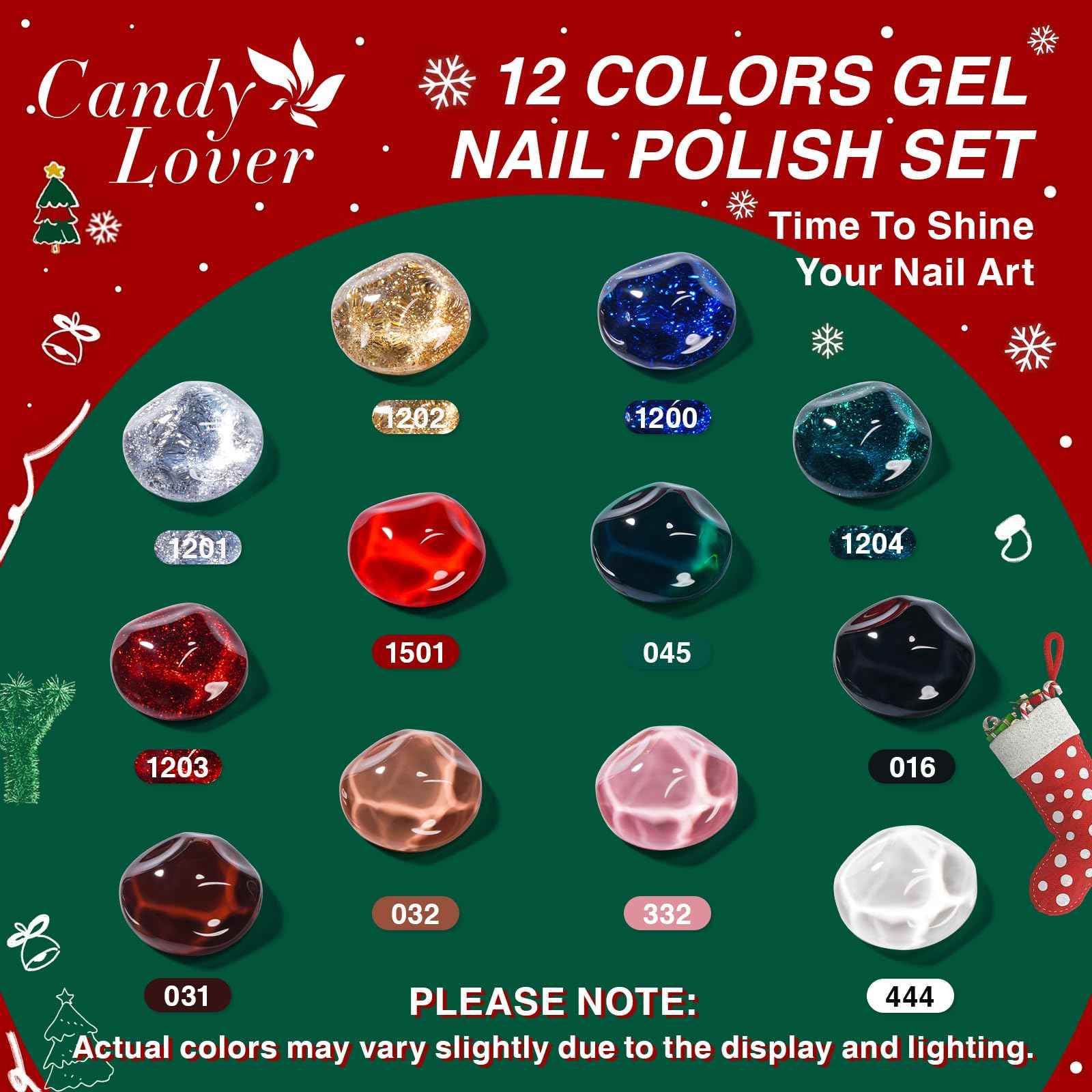 Candy Lover Christmas Gel Nail Polish Kit with U V light - 12 Xmas Colors Gel Polish with 72W Nail Lamp Base Top Coat Gel Nail Kit for Beginners with Everything Manicure Kit for Women Teen Girl Gifts