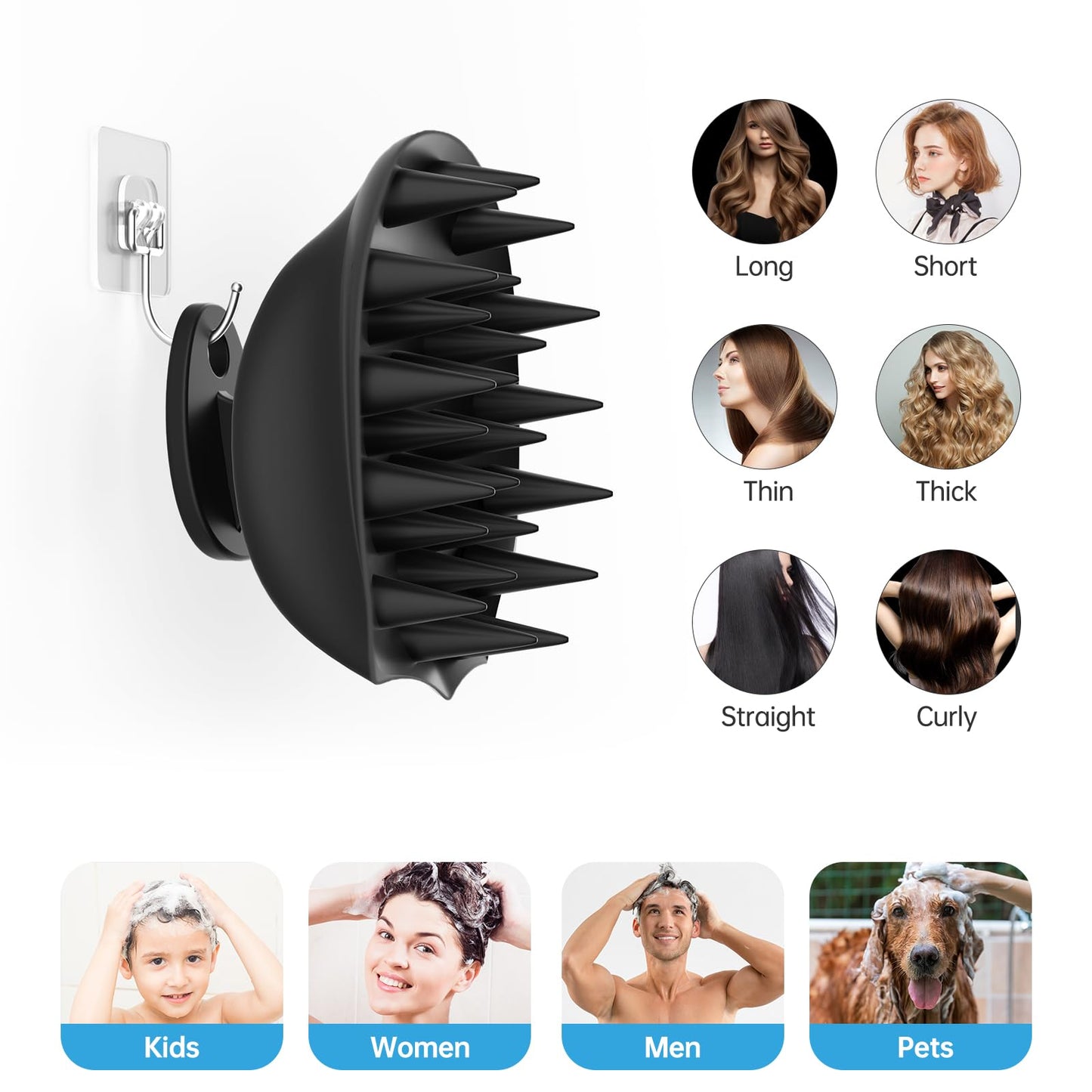 ABBHVN Silicone Scalp Massager Shampoo Brush, Ergonomic Head Scalp Scrubber for Dandruff Removal, Hair Growth, Wet Dry Hair Care, Gentle Exfoliation and Deep Washing for Men Women (Black)