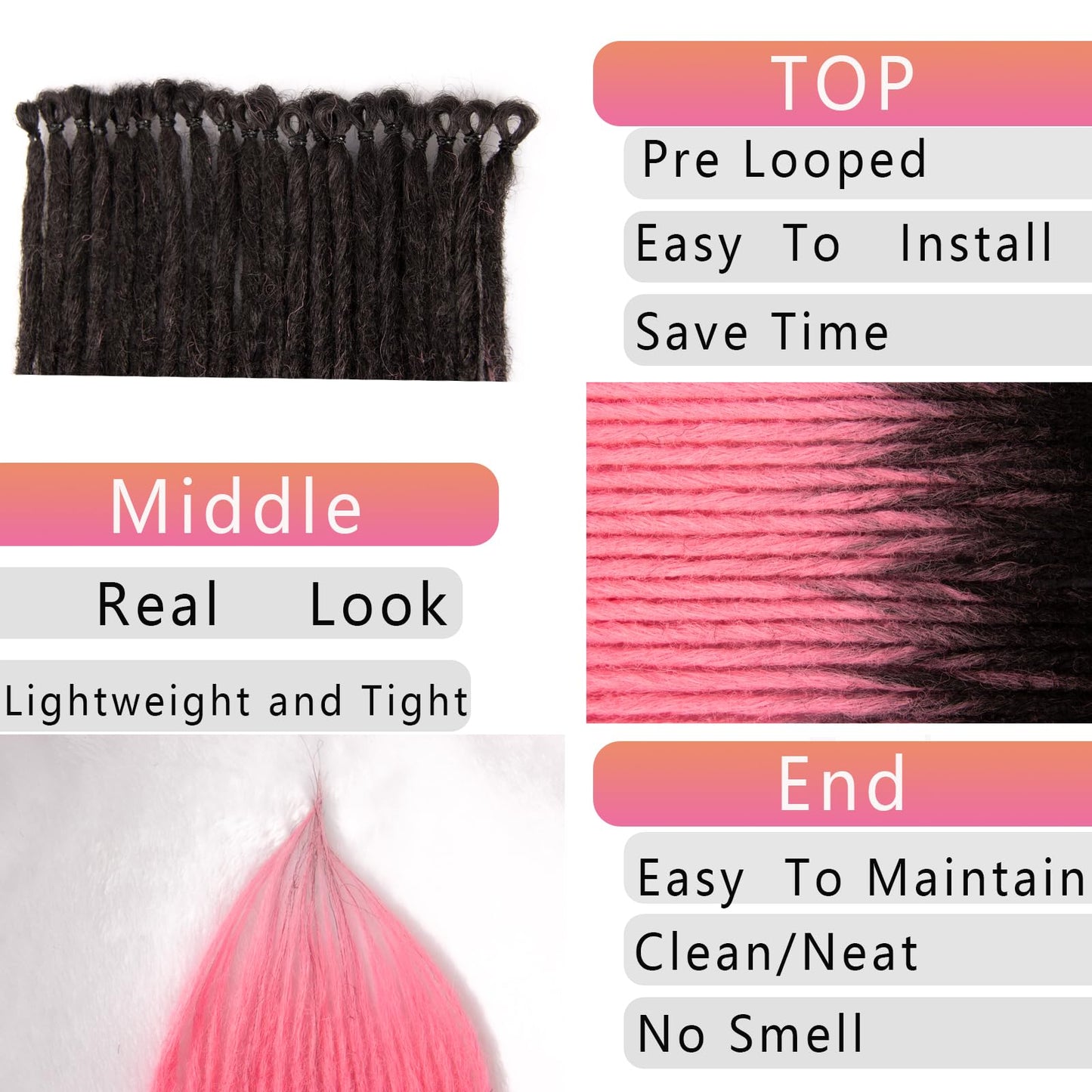 Aooffut Dreadlock Extensions, Thin 0.6cm 24" Ombre Pink 100% Handmade Synthetic Crochet Dreads Extensions Single Ended Dreads Width Reggae Style Dreadlock for Girls