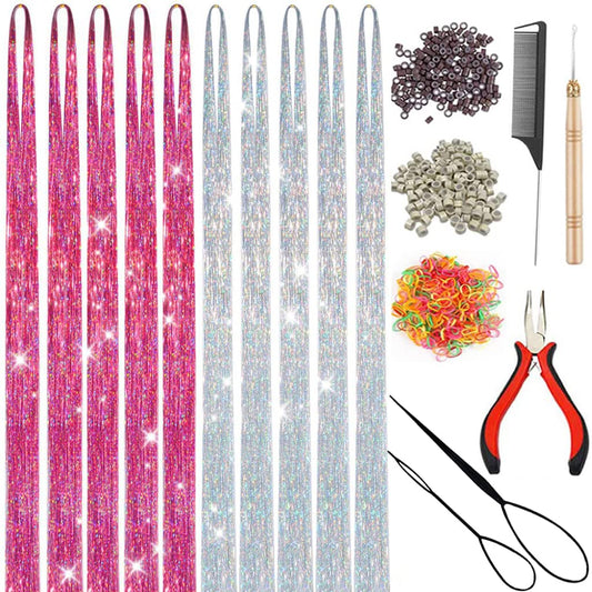 Pink Silver Hair Tinsel Kit: 48 Inches 3000 Sparkling Strands Glitter Tinsel Hair Extensions with Tools - Fairy Heat Resistant Hair Tinsel Accessories for Women Girls Kids