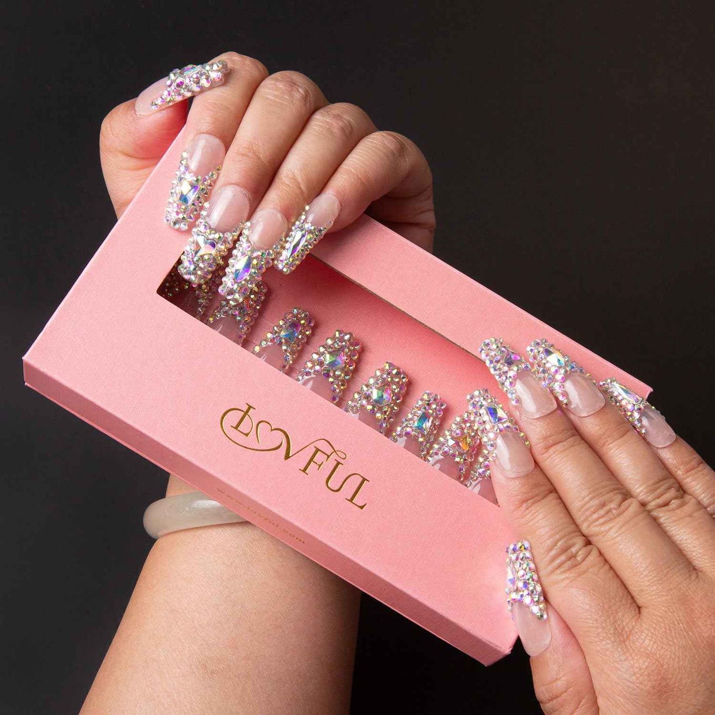 LOVFUL Press on Nails Angel's Tear Rhinestone | Handmade with Full Covered Crystals | Reusable Full Cover Nails | Coffin Classic Regular 1.3 in | H48-M