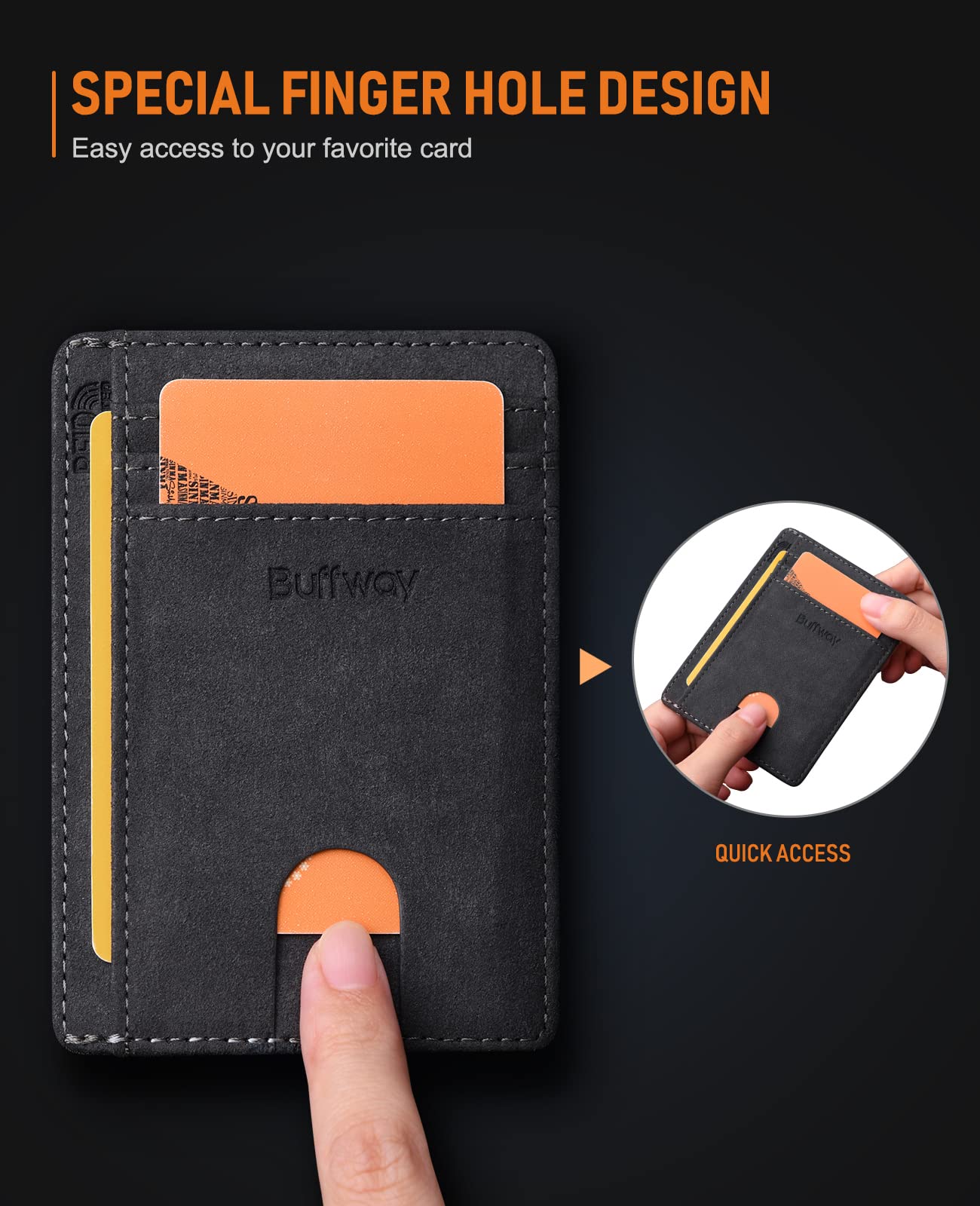 Buffway Slim Minimalist Front Pocket RFID Blocking Leather Wallets for Men and Women - At Sahara Carbon Black