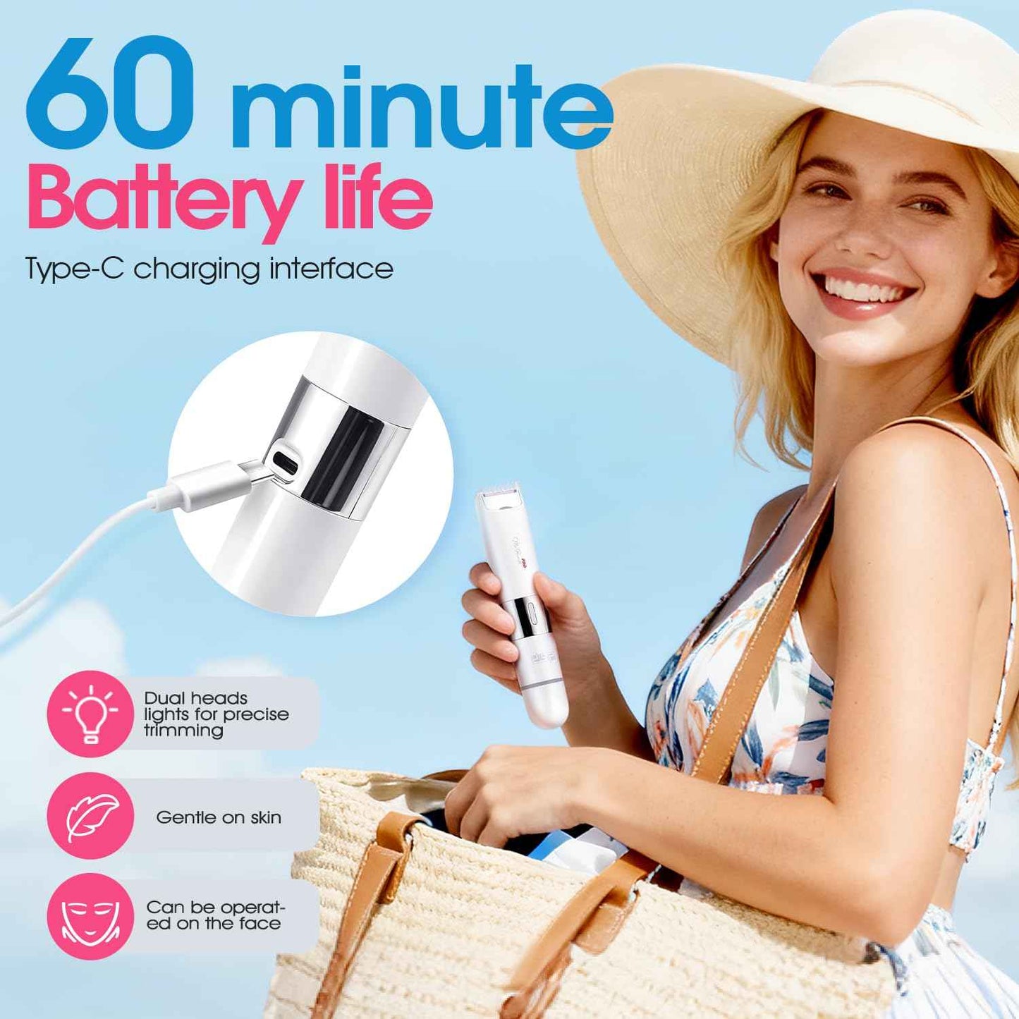 DSP 2 in 1 Bikini Hair Trimmer, Dual Head Bikini Trimmer for Women, Female Shavers for Pubic Hair, Ladies Shavers for All Body, Waterproof, Smart Light, Applicable to Underarm Leg Arm Body Face