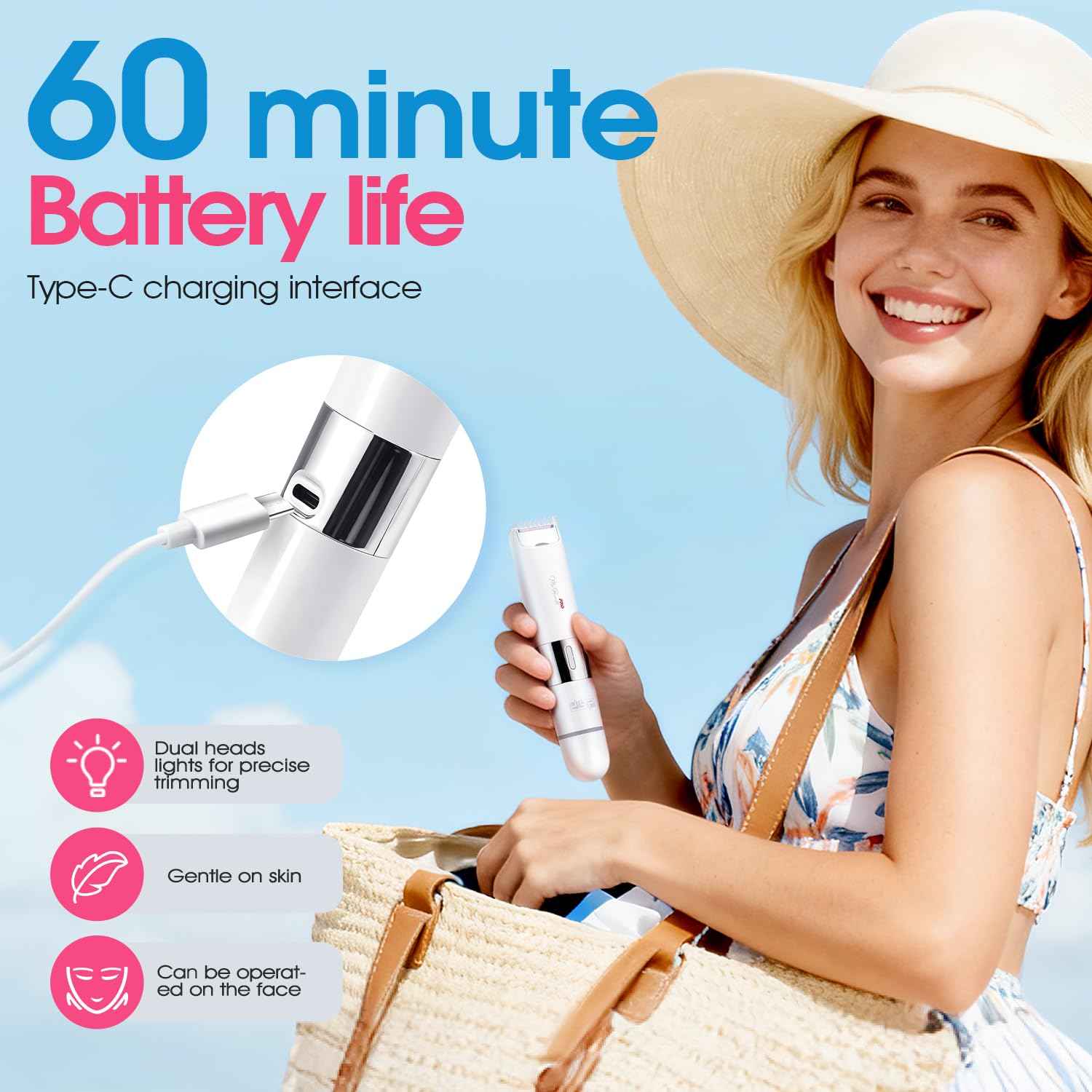 DSP 2 in 1 Bikini Hair Trimmer, Dual Head Bikini Trimmer for Women, Female Shavers for Pubic Hair, Ladies Shavers for All Body, Waterproof, Smart Light, Applicable to Underarm Leg Arm Body Face