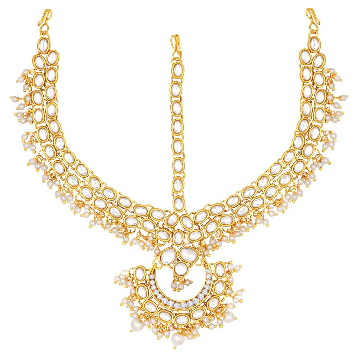 Aheli Traditional Gold Plated Red Kundan Pearl Maang Tikka Matha Patti Gift for Women