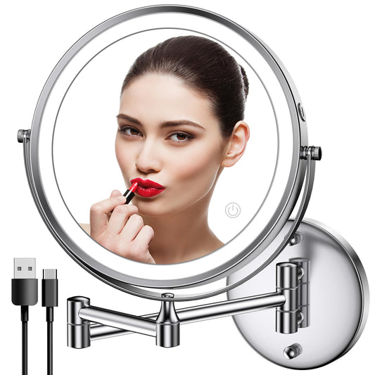 Rocollos Rechargeable Wall Mounted Lighted Makeup Mirror, 8 Inch Double-Sided LED Vanity Mirror 1X/7X Magnification,3 Color Lights Touch Screen Dimmable 360°Swivel 13 Inch Extendable