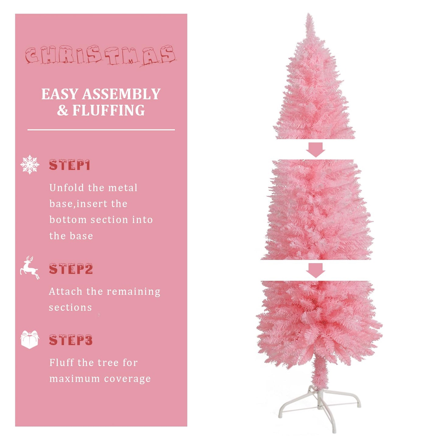 XmasExp Pink Skinny Pencil Christmas Tree, 6ft Artificial Slim Thin Christmas Tree with Warm LED Lights String 8 Lighting Modes and Christmas Ball Onaments