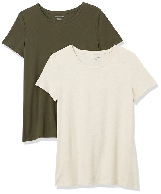 Amazon Essentials Women's Classic-Fit Short-Sleeve Crewneck T-Shirt, Pack of 2, Oatmeal Heather/Olive, X-Small