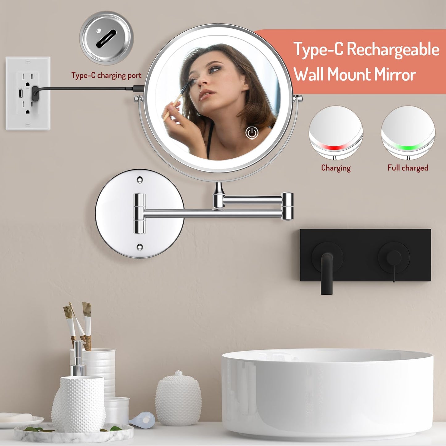 Rocollos Rechargeable Wall Mounted Lighted Makeup Mirror, 8 Inch Double-Sided LED Vanity Mirror 1X/7X Magnification,3 Color Lights Touch Screen Dimmable 360°Swivel 13 Inch Extendable