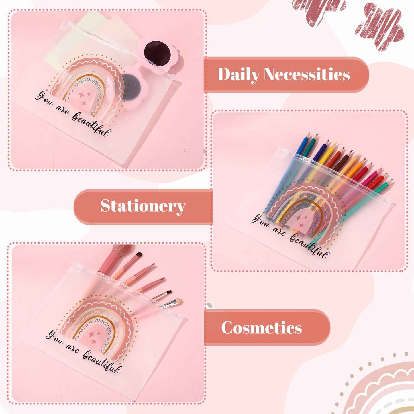 Wesiti 50 Pcs Rainbow Cosmetic Bag Inspirational Gift Motivational Quotes Christian Makeup Bag Bulk Waterproof Zipper Pouch for Women Girl Teacher Christmas Gift(You Are Beautiful)