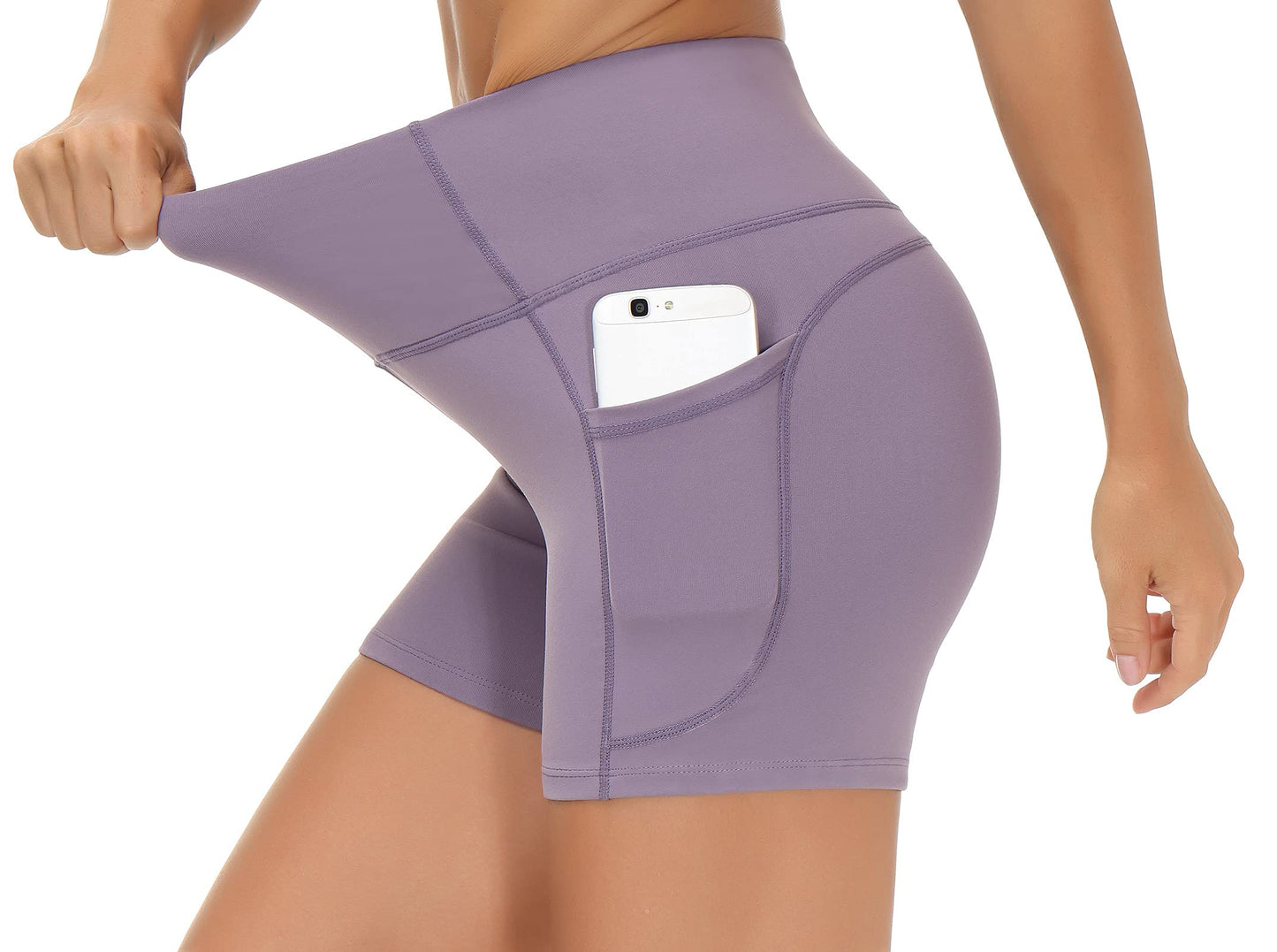 THE GYM PEOPLE High Waist Yoga Shorts for Women Tummy Control Fitness Athletic Workout Running Shorts with Deep Pockets (Small, Crystal Purple)