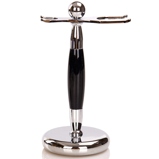SANWA Deluxe Stainless Steel Shaving Brush Stand Holder for Razor & Brush Weighted Base Black Handle
