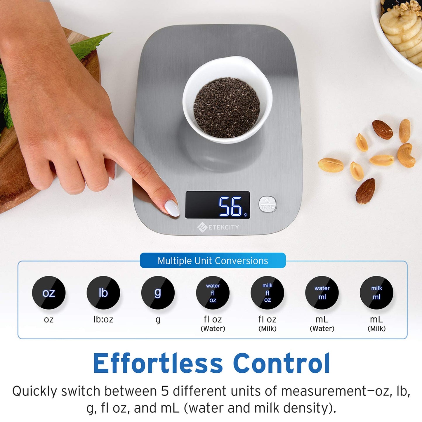 Etekcity Food Kitchen Scale, Digital Grams and Ounces for Weight Loss, Baking, Cooking, Keto and Meal Prep, Postal Scale for Packages, Liquids, Jewelry, Medium, Silver Stainless Steel