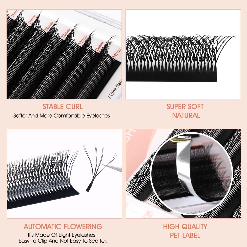 NATUHANA WW Clover Eyelash Extensions 0.07mm C Curl 9-15 Mixed Tray Double 4D lashes Supplies Premade Fans Russian Volume Faux Mink 12Rows/Case W Shape Lash Extensions (d4D black;0.07 C, 9-15 MIX)