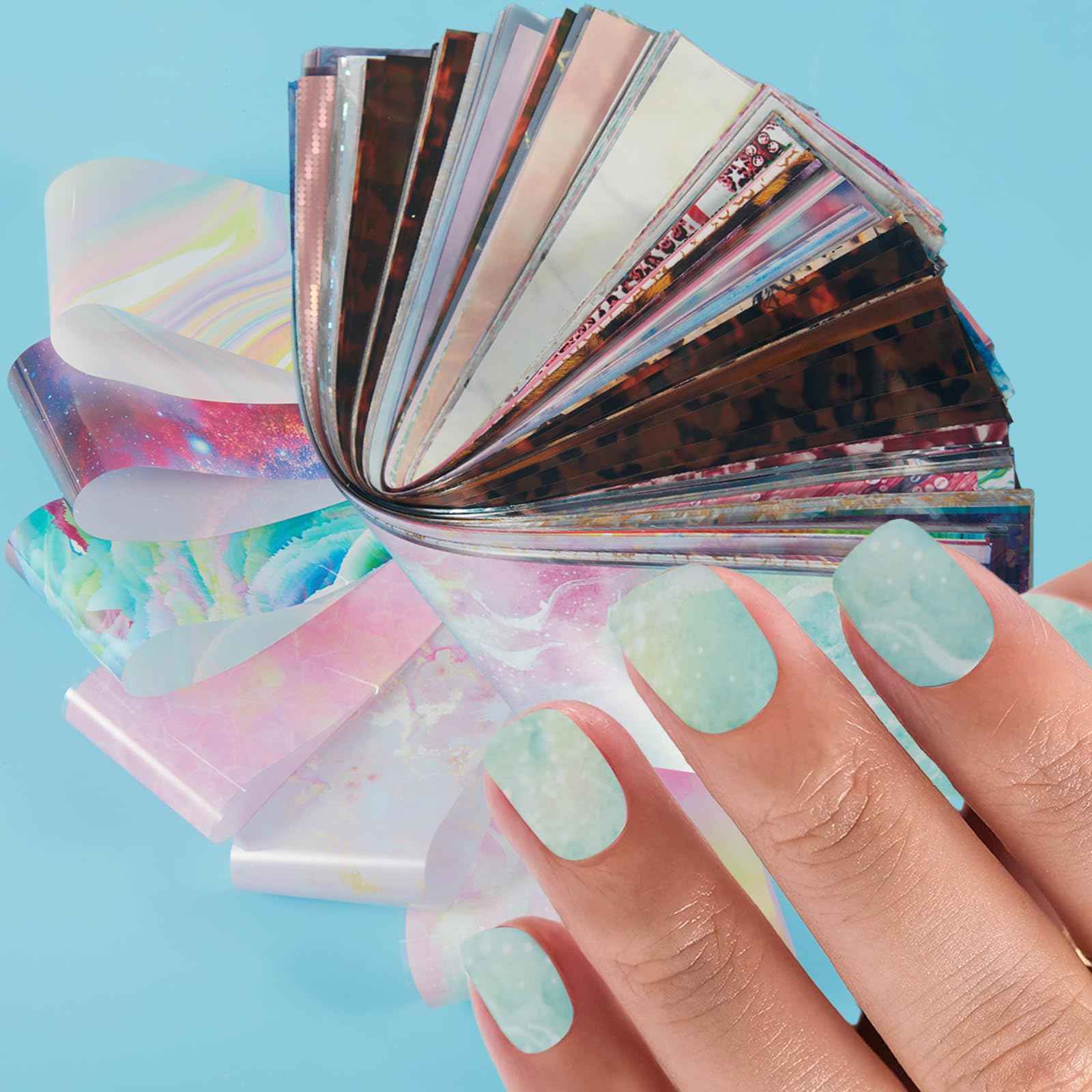 JERCLITY 300 Sheets Nail Foil Transfer Nail Art Stickers Set Nail Foil Transfer Sheets Marbling Starry Sky Leopard Print Aurora Iridescence Gradient Patterns for Women