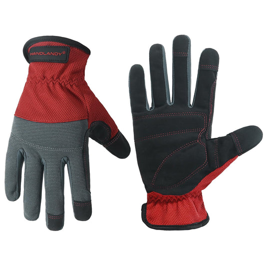 HANDLANDY Mens Work Gloves, Flexible Utility Working Gloves, Touch Screen Outdoor Yard Gloves (Grey-red, Small (Pack of 1))