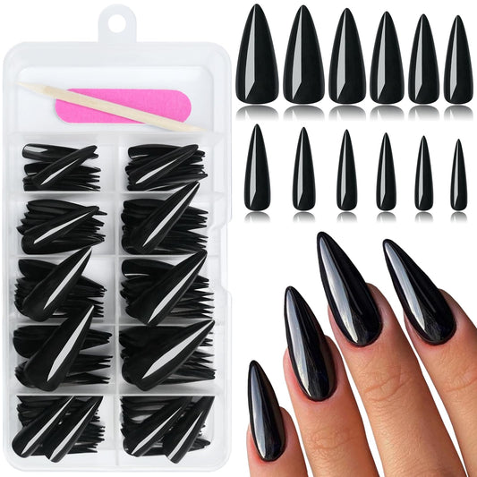 EternalClassic 120pcs Black Press on Nails Long Stiletto, Black Fake Nails Long Stiletto Acrylic Nails Press on Stiletto Tips Artificial False Nails with Adhesive Tabs for Women Girls