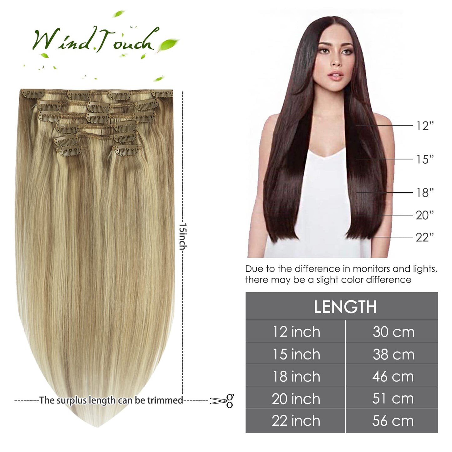 WindTouch Clip in Hair Extensions Human Hair Balayage Mixed Bleach Blonde 15Inch 70g Highlights for Blonde Remy Hair 7PCS #18P613 Gift for Women