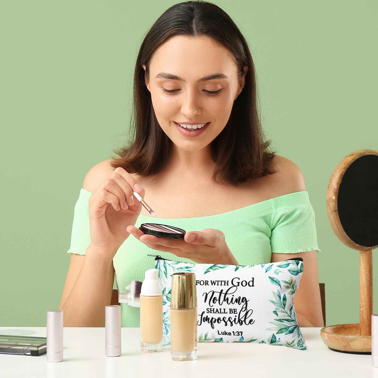 Hillban 36 Pcs Christian Gifts for Women Christian Makeup Bag Bible Verse Cosmetic Bag Inspirational Pencil Case with Zipper Green Leaves Travel Organizer Pouch for Cosmetics Makeup Brushes, 12 Styles