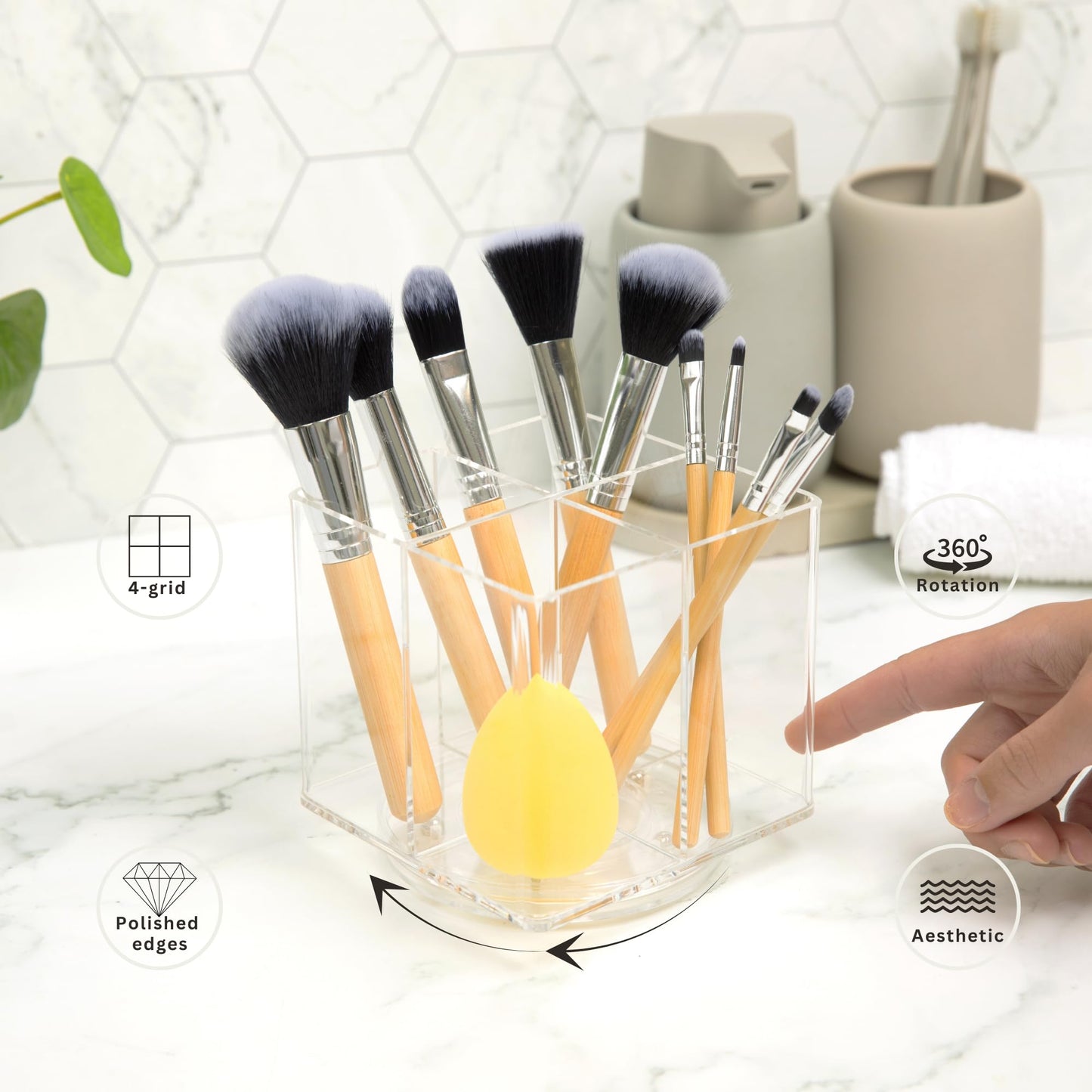 SESUMI Makeup Brush Holder Organizer – Rotating Makeup Organizer with 4 Compartments – Perfect for Beauty Tools, Stationery, Kitchen - Acrylic Makeup Brush Organizer – Multifunctional Pen Holder
