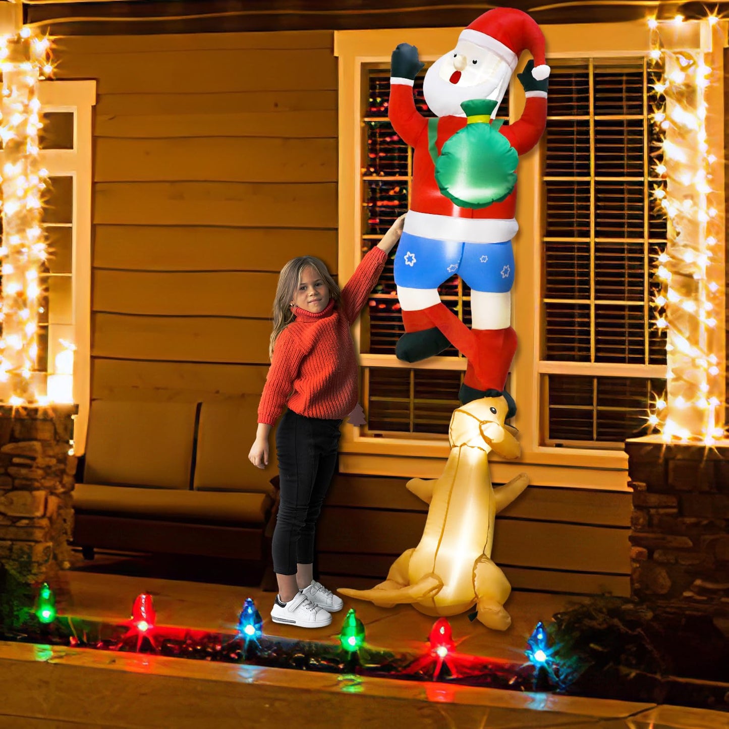 OurWarm 6FT Christmas Inflatables Climbing Santa with Dog, Christmas Blow Up Hanging Inflatable Santa with Suction Cups Built-in LEDs, Funny Outdoor Christmas Decorations for Yard Trees Windows Eaves