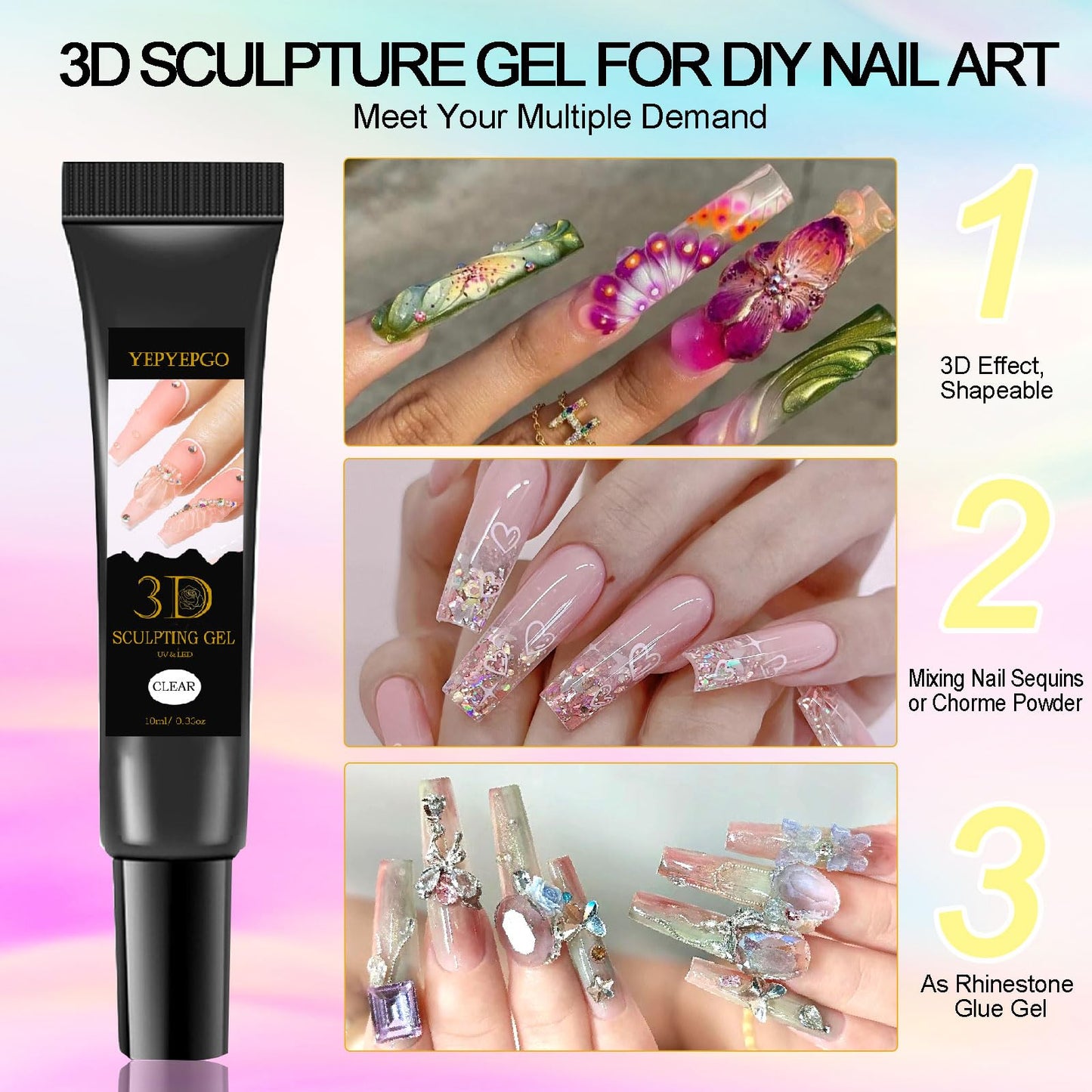 YEPYEPGO 3D Sculpting Gel for Nail Art Design Nail Rhinestone Glue No Wipe Clear Molding Gel with 3D Silicone Mold for Carving, Drawing, Sculpture and Decoration Manicure