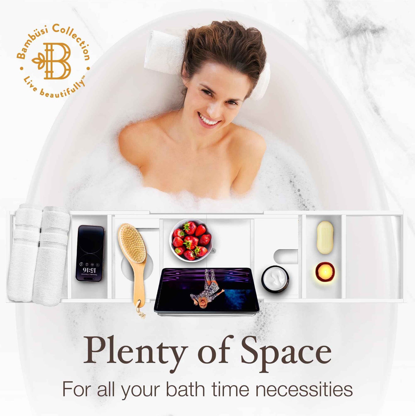 Wooden Bathtub Tray - Foldable & Expandable Bamboo Bath Tray for Tub with Wine Holder, Book & Tablet Stand - Bath Caddy Tray for Bathtub, Spa Bath Accessories, Tub Tray Table, (White)