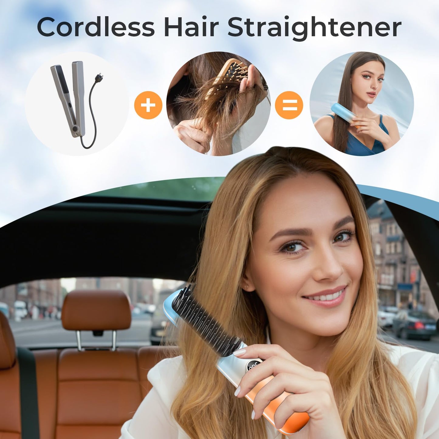 Unaone Cordless Hair Straightener Brush - Portable Mini Hair Straightening Comb for Travel, Negative Ion Hot Comb Hair Straightener for Women, Gradient Orange