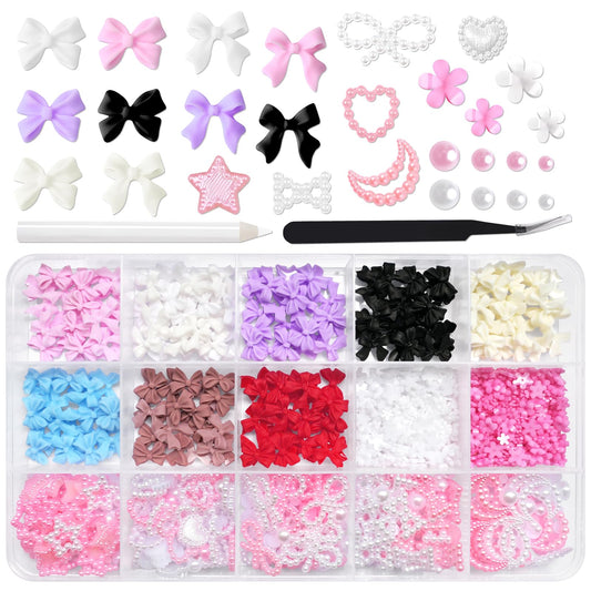 LoveOurHome 3D Bow Nail Charms Flower Star Moon Heart Charms Nail Decorations Kit Colorful Bow-knot Floral Nail Stud Rhinestone Pearl Bead Acrylic Nail Design Jewelry Tech Nail Supplies with Tweezer