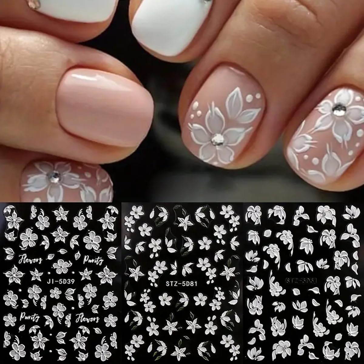 Flower Nail Art Stickers Decals White Flower Nail Stickers 5D Embossed Nail Decals Spring White Flowers Leaf Engraved Nail Art Design Supplies Flower Stickers for Nails Women Manicure Nail Decoration