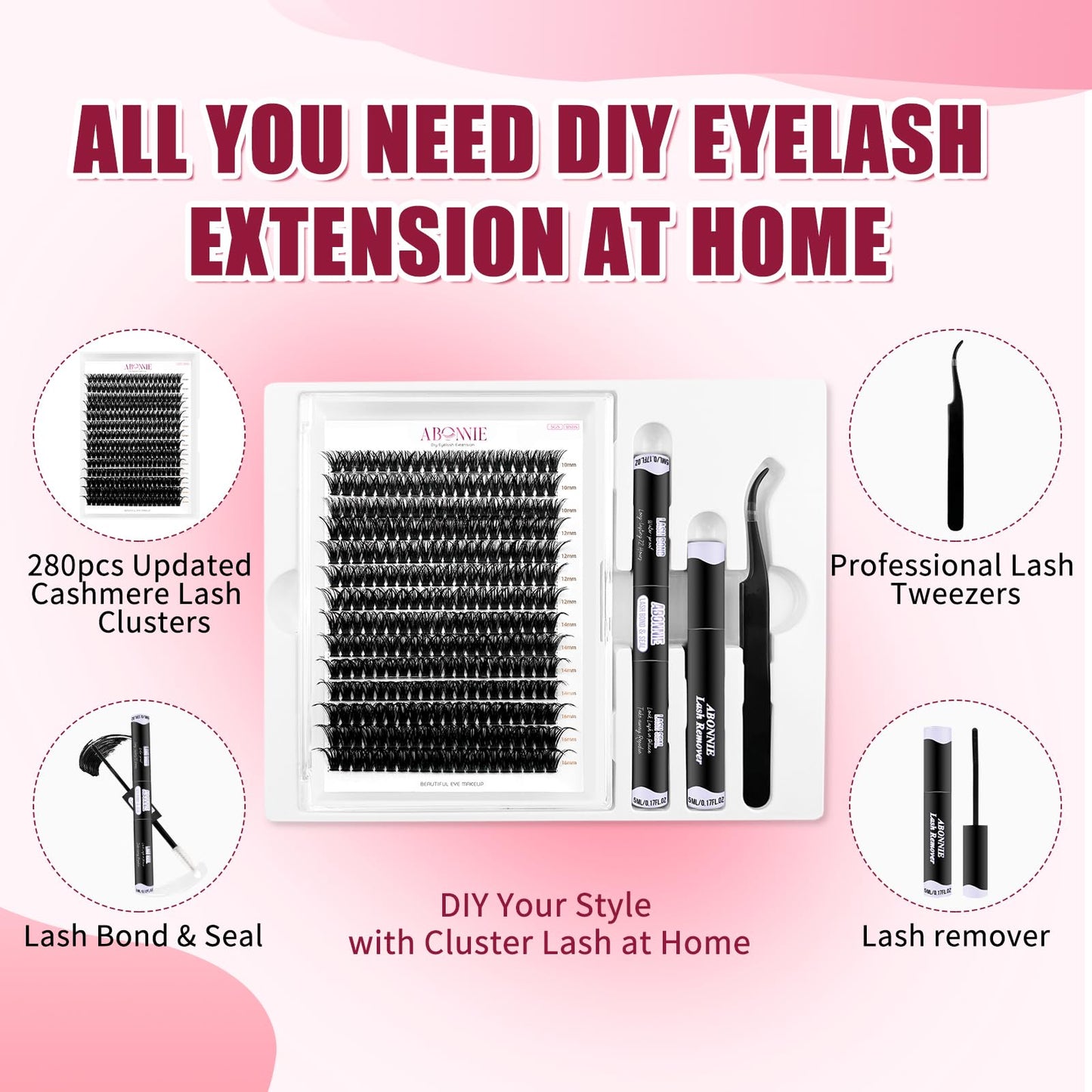 ABONNIE DIY Lash Extension Kit,280 Pcs Cluster lash Extensions Kit, 10-16mm Mix Lash Clusters, 60D D Curl Lash Clusters Kit with Bond and Seal and Tweezer and Remover,at Home Lash Extensions Kit