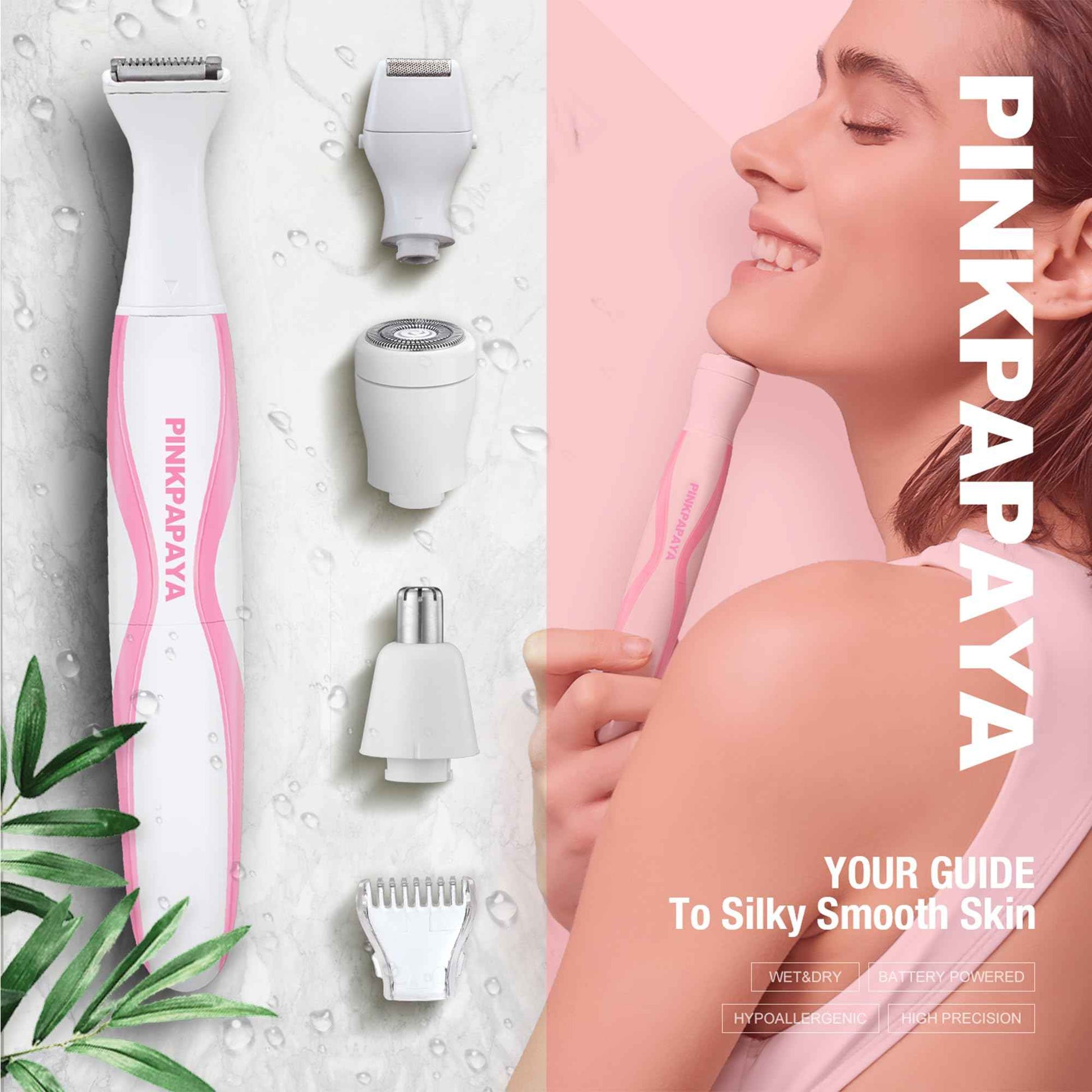 pinkpapaya Electric Bikini Trimmer for Women - 4 in 1 Electric Razors,Waterproof Pubic Hair Trimmers & Facial Hair Remover, Body Shaver & Nose Hair Trimmer,Cordless Women's Grooming Kit,pink/uy6t