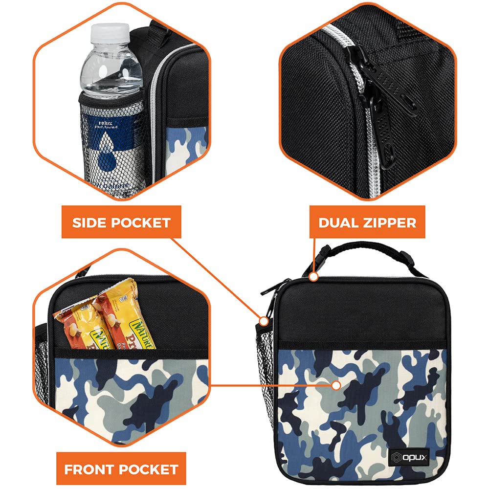 OPUX Premium Insulated Lunch Box, Soft School Lunch Bag for Kids Boys Girls, Leakproof Small Lunch Pail Men Women Work, Reusable Compact Cooler Tote Lunchbox for Office Adult, Camo Blue