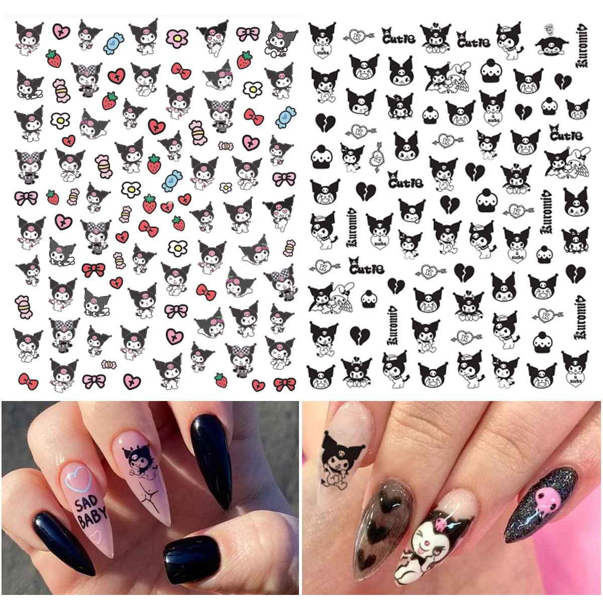 Cute Cartoon Nail Art Stickers Decals Cartoon 3D Self-Adhesive Nail Art Supplies Designer Nails Decals for Women Kids Girls Manicure Acrylic Nails Decoration Accessories 6 Sheets