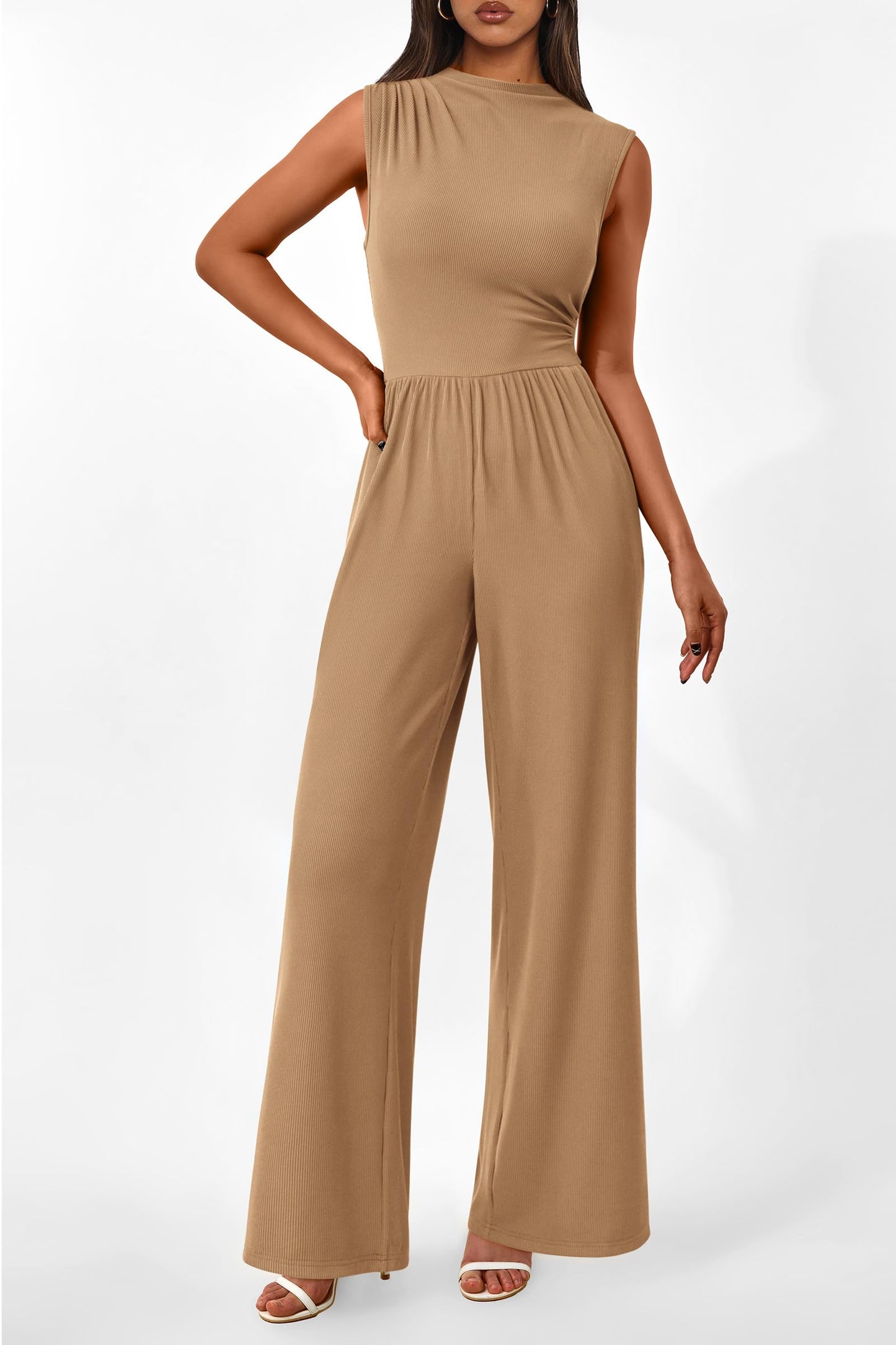 PRETTYGARDEN Womens Summer Jumpsuits Dressy Casual One Piece Outfits Sleeveless Mock Neck Wide Leg Pants Rompers with Pockets (Style2-Camel,Small)