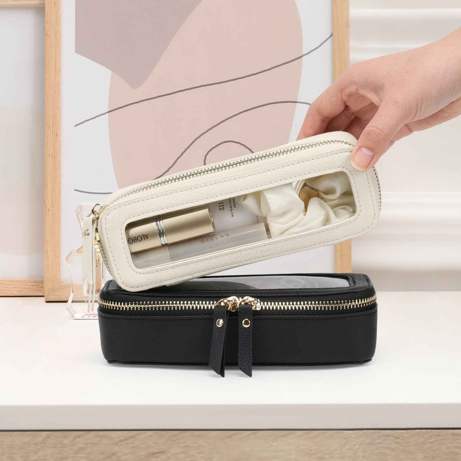 PACKISM Slim Clear Makeup Brush Bag, Pebbled Texture & Hard PU Leather Small Cosmetic Brush Holder, Mini Toiletry Bag Make up Bags with Message Card, Cute Travel Essentials Bag (Black)