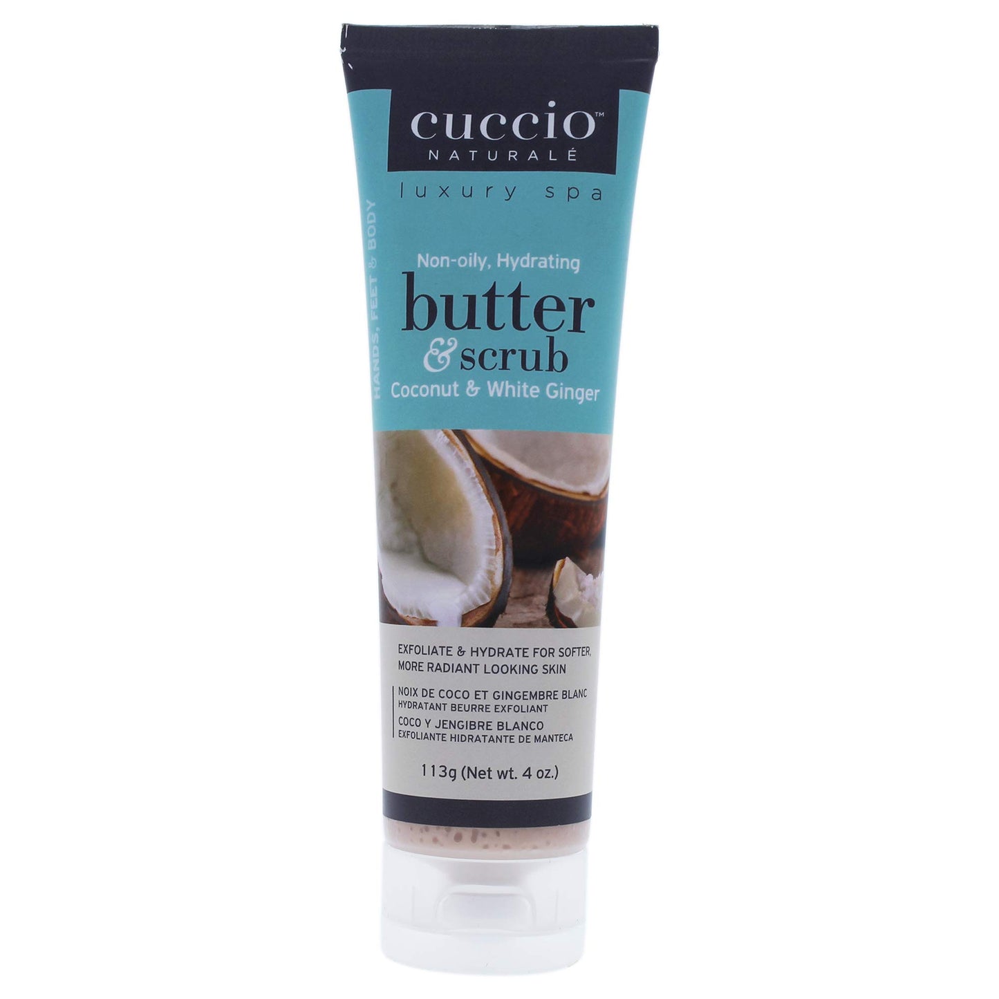 Cuccio Naturale Butter Scrub - Exfoliates And Hydrates - For Softer, Radiant Looking Skin - Infuses Moisture Into Dry Skin - Non-Oily 24 Hour Hydration - Creamy - Coconut And White Ginger - 4 Oz