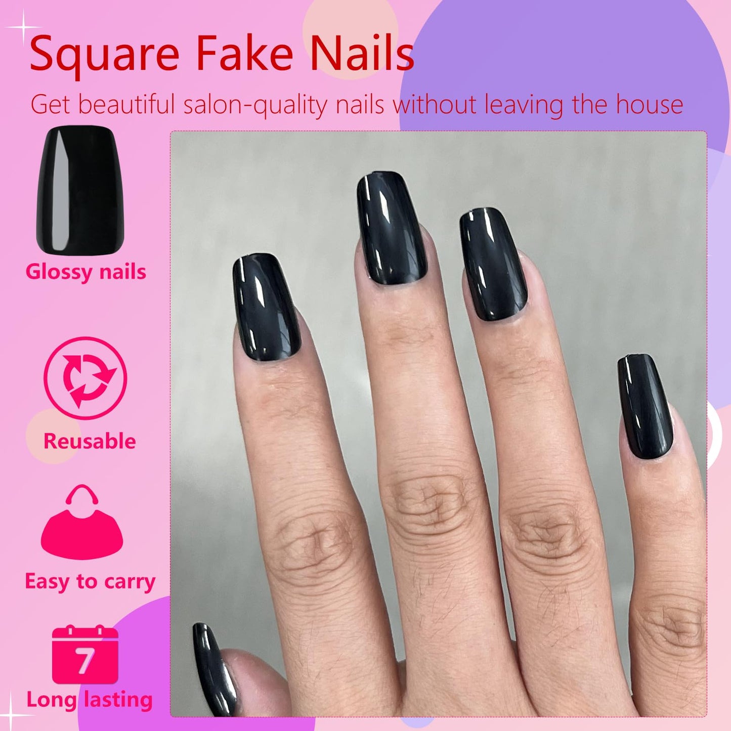 AddFavor 300pcs Coffin Press on Nails Medium Fake Nails Glossy Black Nails Ballerina Square Nail Press on Acrylic False Nail for Women Girls