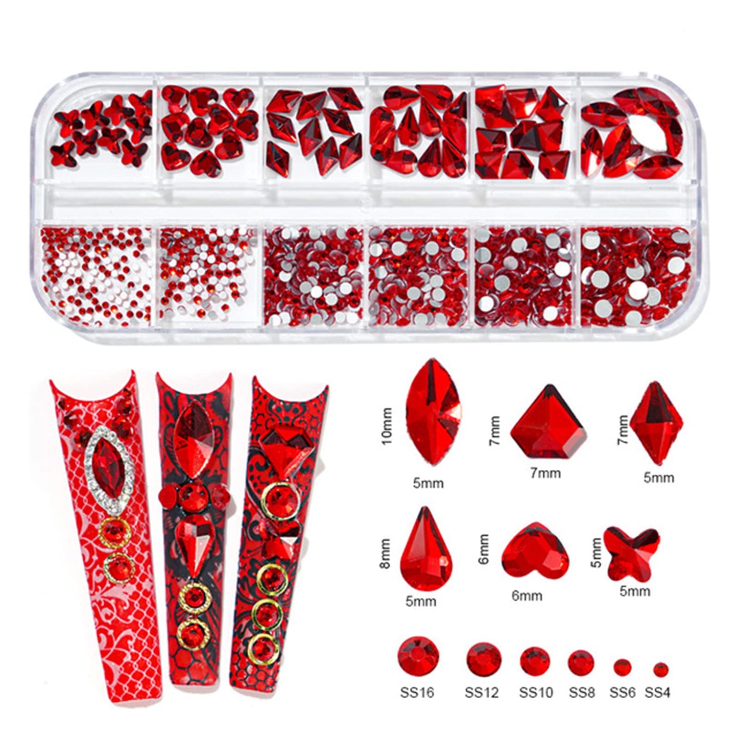 810PCS Red Crystal Nail Arts Rhinestones Round Beads Flatback Glass Gems Stones Multi Shapes Sizes Red Rhinestones Nail Crystals for Nail DIY Crafts Clothes Shoes Jewelry