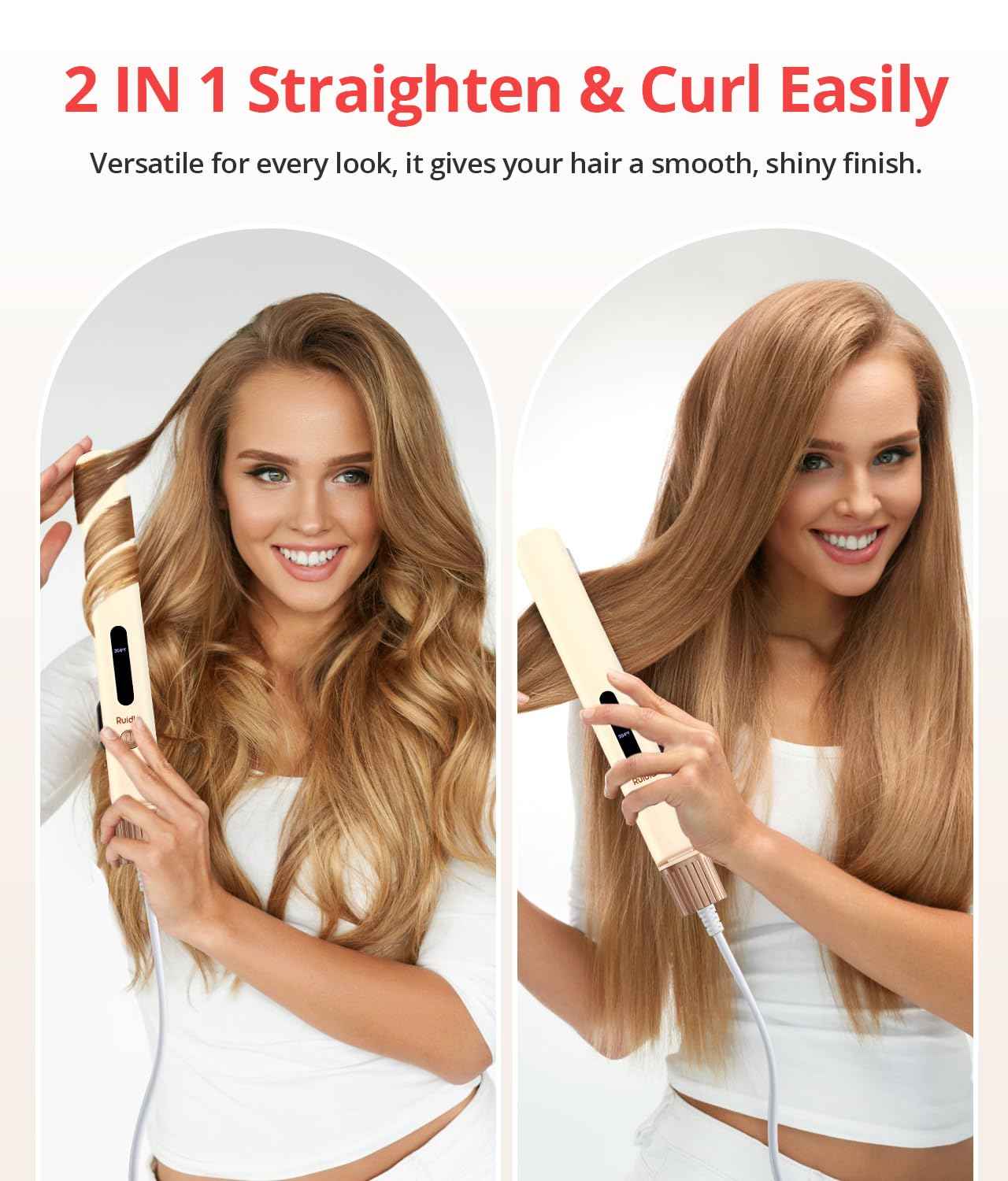 2-in-1 Hair Straightener and Curling Iron, 1" Ceramic Flat Iron & Curling Wand with Ionic & Plant Coating, 6 Adjustable Temperatures, Automatic Shut-Off, Reduces Frizz for Shinier, Smoother Hair