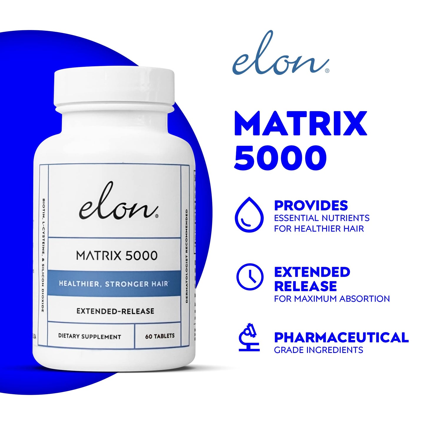 Elon Matrix 5000 Hair & Nail Vitamins (60 Day Supply) - Biotin 5000mcg Vitamins for Hair Growth w/Extended Release - Promotes Healthy & Strong Hair & Nails - Suitable for All Hair Types